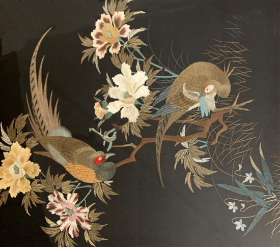 Two Japanese black silk panels, early 20th century, largest 64 x 57cm